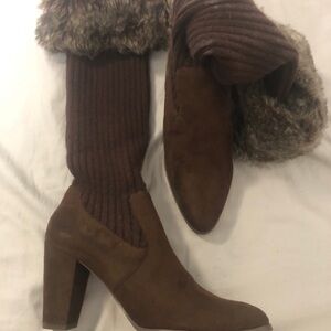 Zara Brown Heeled Boots with Fur Trim
